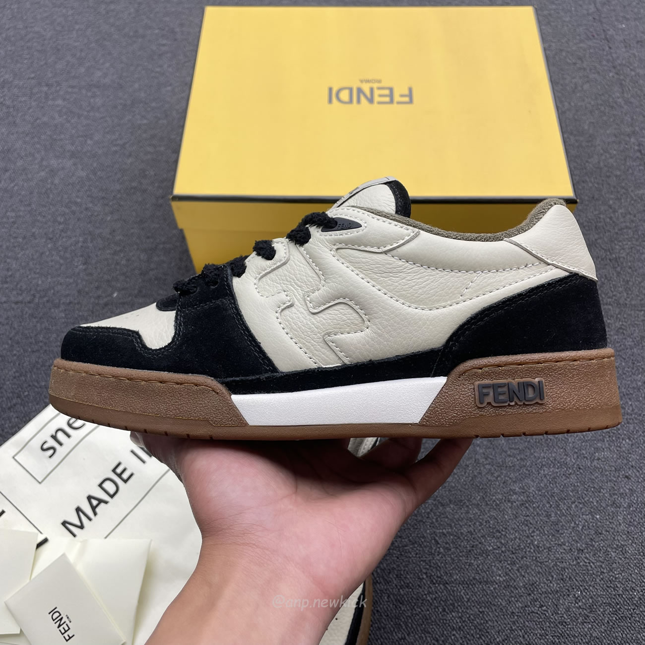 Fendi Match Cream Black White Suede And Leather Low Top Sneakers (9) - www.newkick.vip